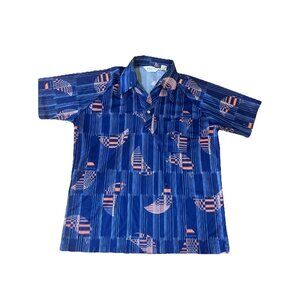 Vintage 60s 70s Lilly Dache Top Men L  Blue White Sailboat Mod Disco Rockabilly